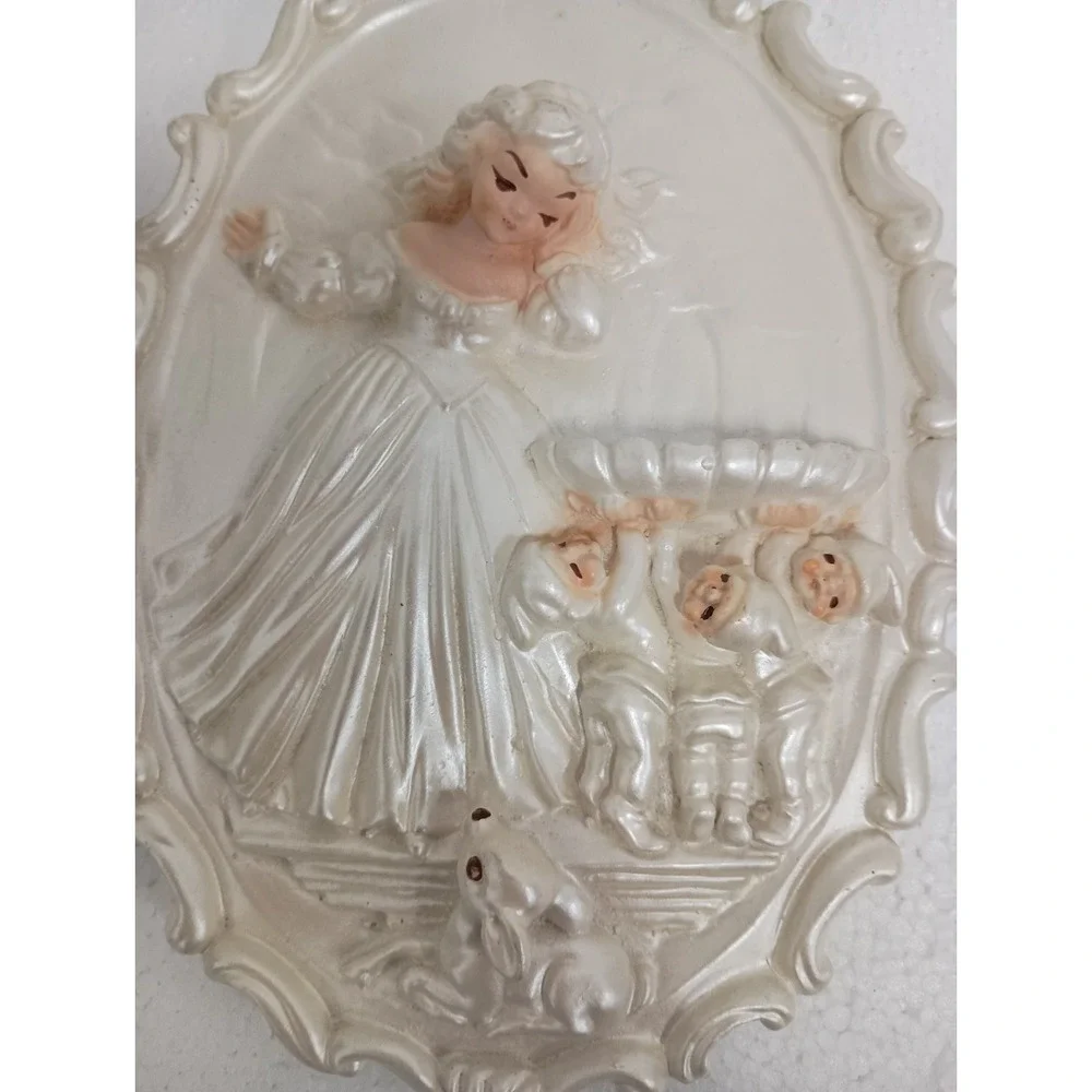 VTG Chalkware Pearlized 3D Wall Plaque Girl Cherubs & Deer Mid Century Modern